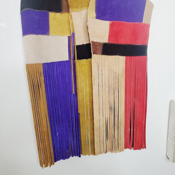 Vintage Suede Color Block Fringed Vest Art Colorful Festival Wear M - Picture 3 of 13